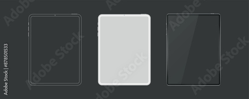 Tablet mockup with blank screen in realistic, clay, flat vector, outline style. detailed tablet mockup, black and white models smartphone front view, model 3D mobile phone, ui, ux - vector