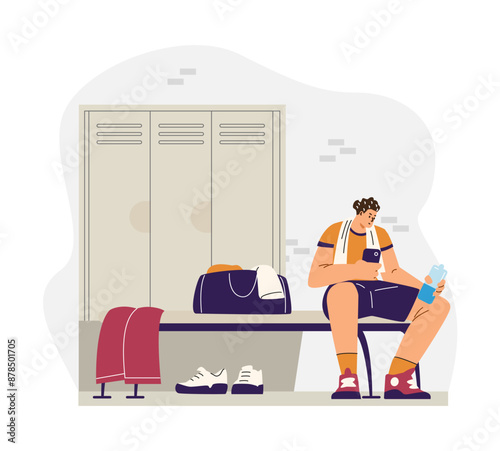 Young man sitting on bench in sports locker changing room vector illustration, athlete with water bottle and smartphone