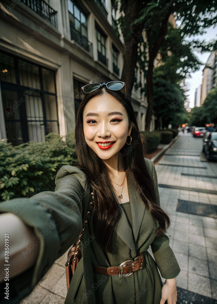 Fototapeta premium Asian beautiful woman in a stylish hat smiles for the camera, radiating summer joy