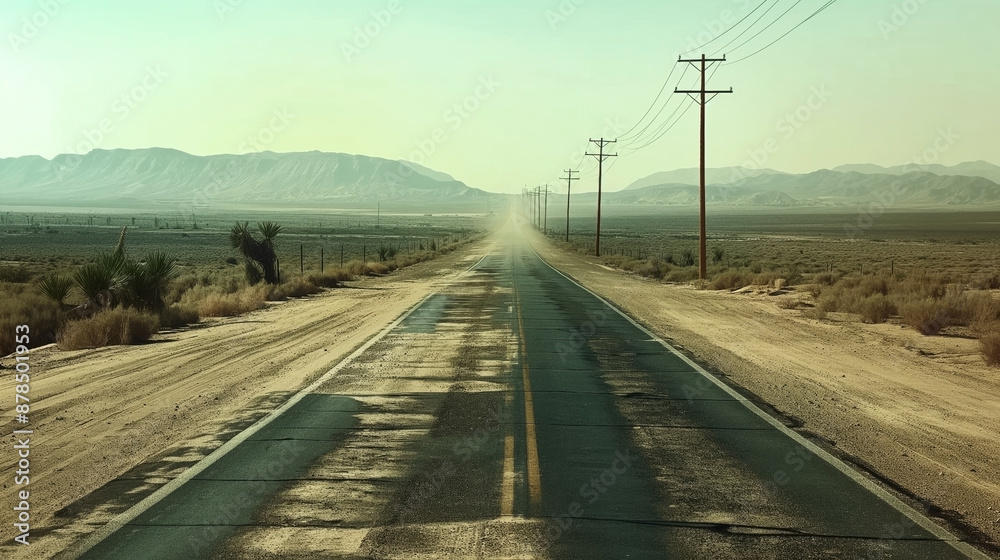 Desert road stretching into the distance with telephone poles and arid landscape under a hazy sky Desert road stretching into the distance with telephone poles and arid landscape under a hazy sky