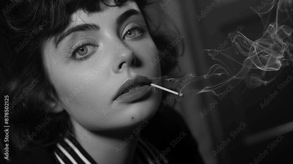 Fototapeta premium Black and white portrait of a young woman with short curly hair smoking a cigarette. The smoke is visible, curling around her face. She has a serious expression and is looking directly at the camera.