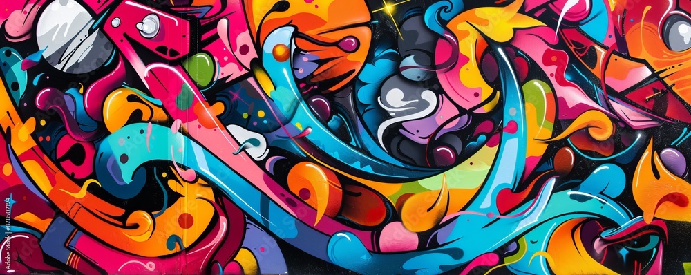 Vibrant street art mural using spray paint on a public city wall, showing an abstract design with bright colors and a modern urban art style