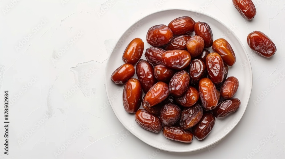 Fototapeta premium Platter with dates, top view on a white background