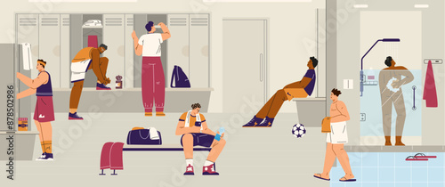 A set of vector illustrations depicting athletes changing clothes in a sports locker room