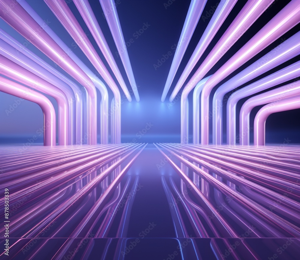 A futuristic tunnel with vibrant neon lights and glowing purple pipes against a dark blue background. A futuristic tunnel with vibrant neon lights and glowing purple pipes against a dark blue background.