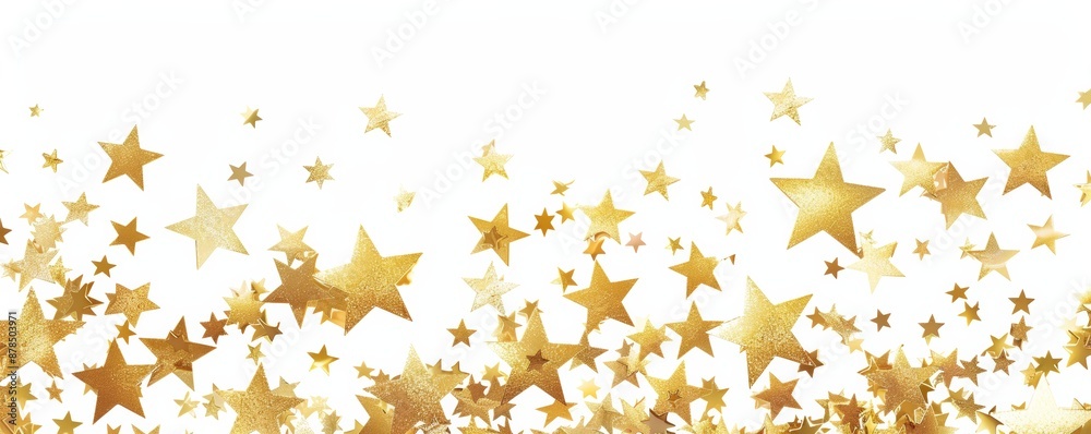 Golden confetti stars are falling down creating a festive border on white background. Perfect for any celebration or festive design
