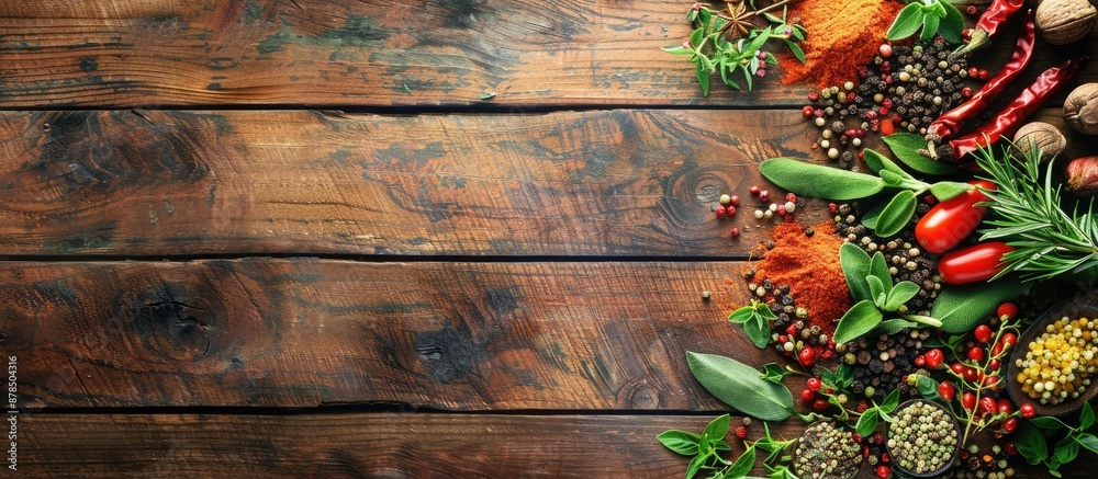 Spices and herbs arranged on a wooden background in a flat lay composition with copy space image. Spices and herbs arranged on a wooden background in a flat lay composition with copy space image.