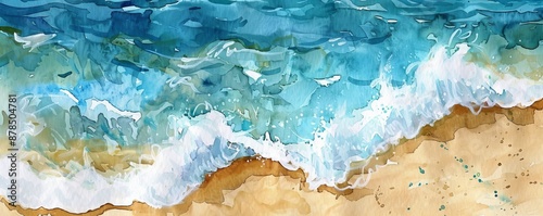 Abstract seascape watercolor painting in blue and brown colors with copy space, perfect for a summer and travel related design project
