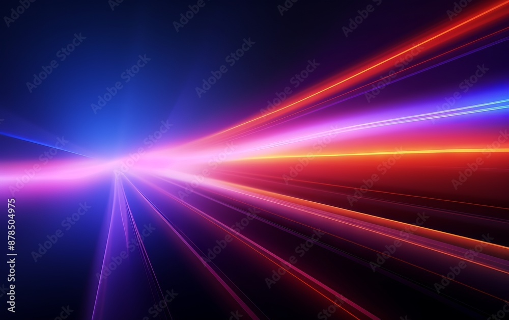 A vibrant burst of neon red, blue, and purple light streaks out of a dark tunnel A vibrant burst of neon red, blue, and purple light streaks out of a dark tunnel