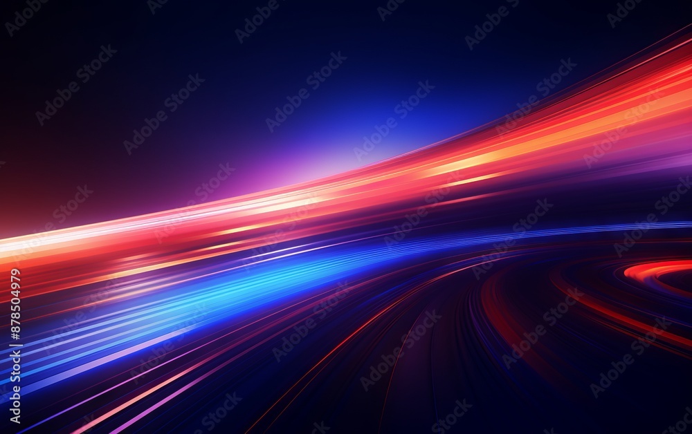 A vibrant burst of neon red, blue, and purple light streaks out of a dark tunnel A vibrant burst of neon red, blue, and purple light streaks out of a dark tunnel