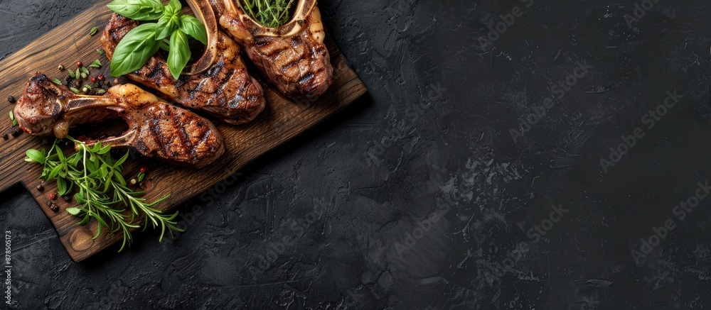 Grilled lamb neck steaks on a wooden board with herbs, set against a black background from a top-down perspective, displaying space for text or elements in an image. image with copy space Grilled lamb neck steaks on a wooden board with herbs, set against a black background from a top-down perspective, displaying space for text or elements in an image. image with copy space