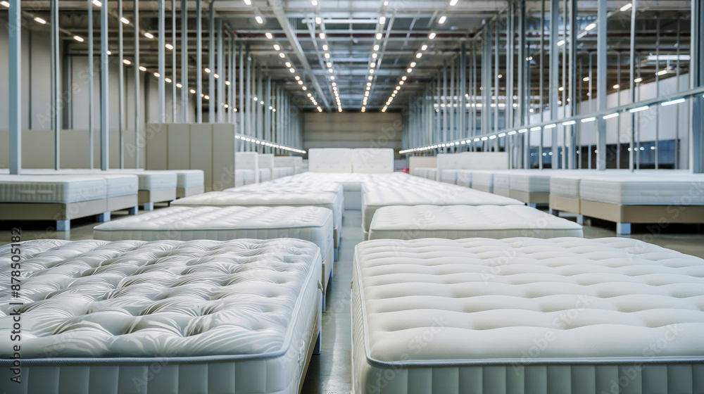 Fototapeta premium Rows of new mattresses displayed in a large, bright industrial warehouse with modern lighting