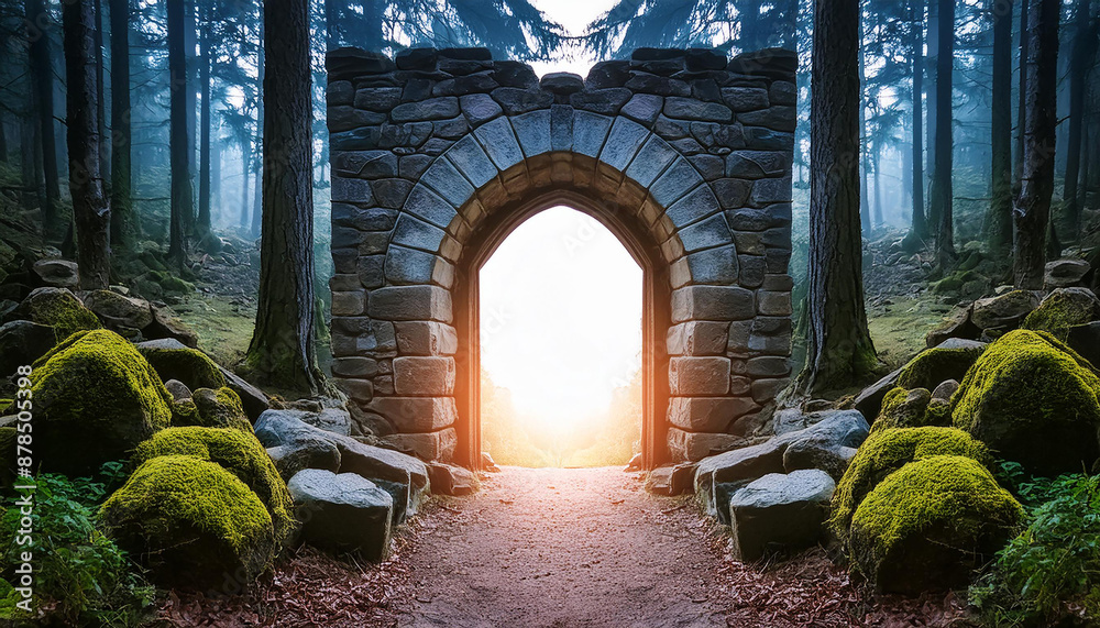 Obraz premium Mysterious glowing portal surrounded by stones, forest path. Ancient architecture. Old magic arch.