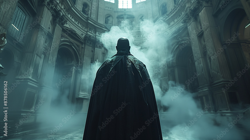 Naklejka premium A mysterious figure in a dark cloak stands in a grand, fog-filled cathedral with high ceilings and intricate architecture.