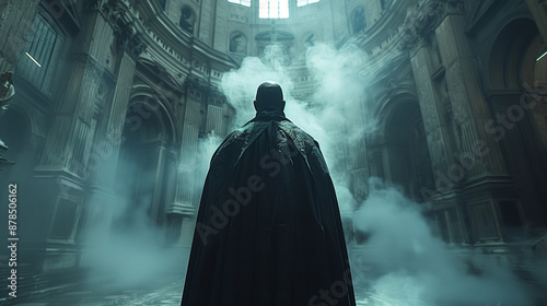 A mysterious figure in a dark cloak stands in a grand, fog-filled cathedral with high ceilings and intricate architecture.