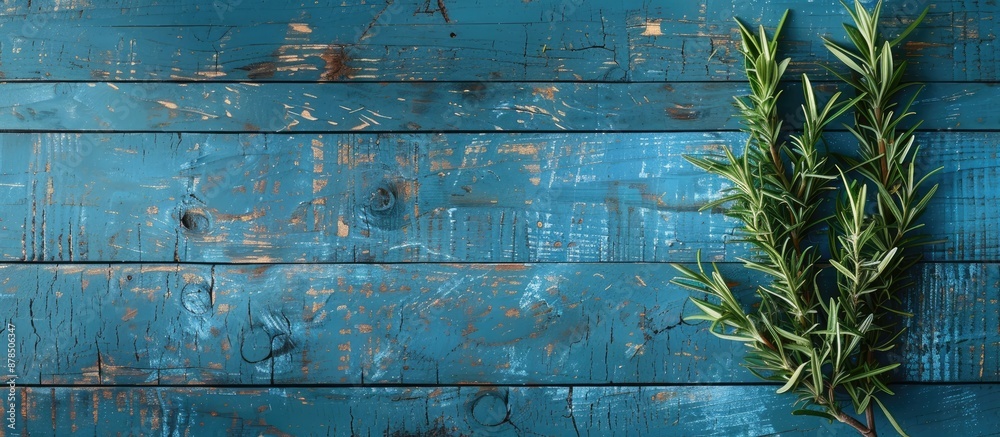 Rosemary displayed on a rustic blue wooden table background, perfect for cooking-related themes due to the ample copy space image. Rosemary displayed on a rustic blue wooden table background, perfect for cooking-related themes due to the ample copy space image.