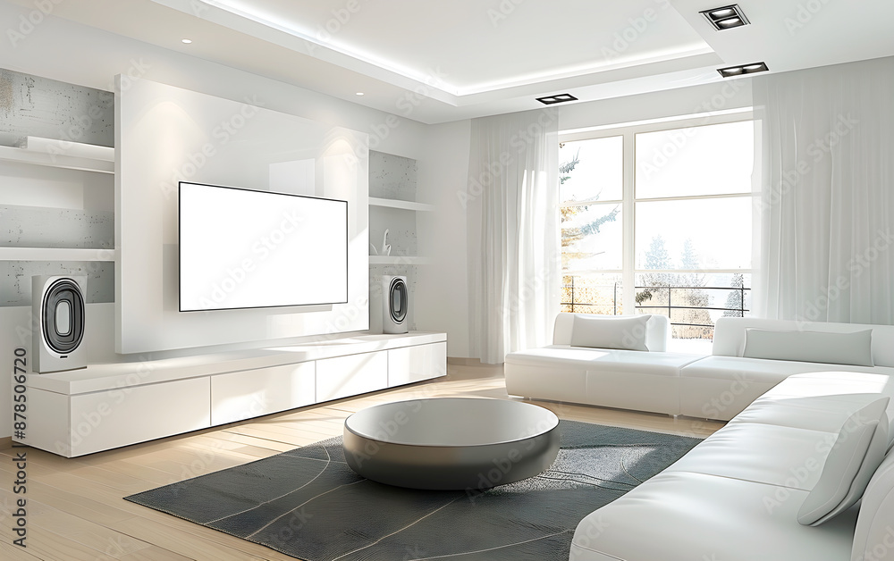 Living Room in High-Tech Interior, technology interior concept, realistic illustration Living Room in High-Tech Interior, technology interior concept, realistic illustration
