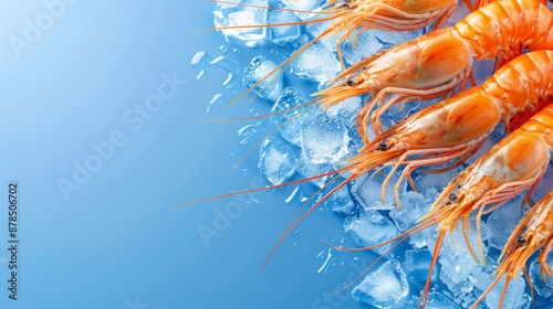 Seafood Close-Up: Shrimps and Prawns on Ice - Bright Blue Background Banner