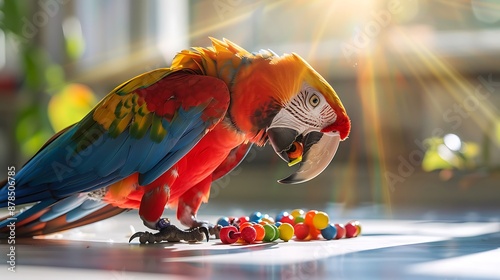 Cheerful parrot playing with a toy in a bright room