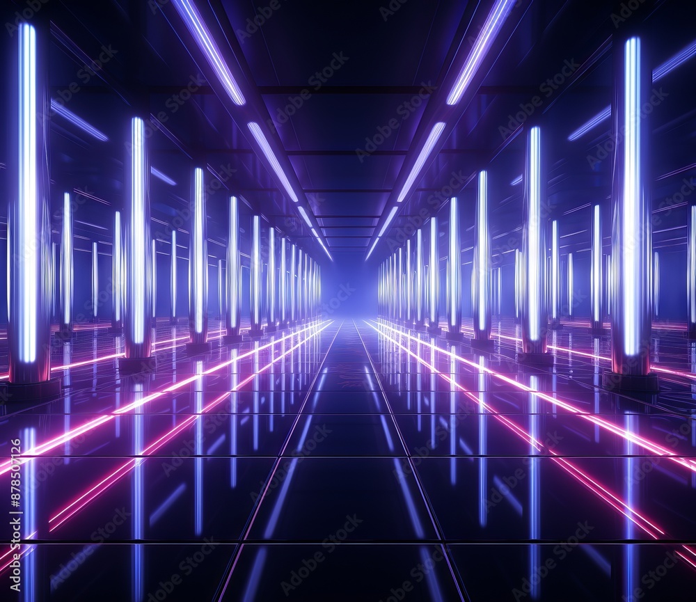 A futuristic tunnel with vibrant neon lights and glowing purple pipes against a dark blue background. A futuristic tunnel with vibrant neon lights and glowing purple pipes against a dark blue background.