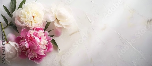 Peonies, paper, and light on a white table with copy space image. Perfect for wedding invites or congratulatory messages.
