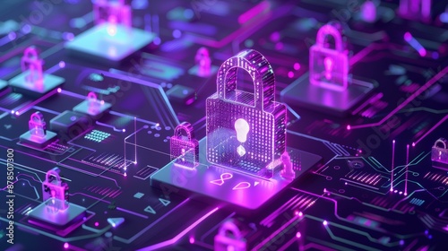 Digital security concept with glowing locks and circuit board, symbolizing data protection and cybersecurity in a futuristic setting.