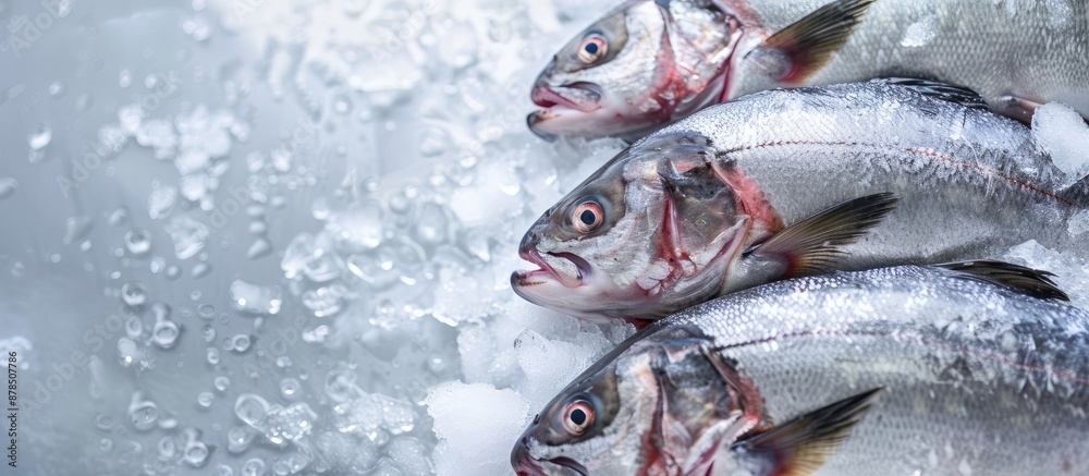 Obraz premium Various fresh fish, such as Asian seabass, kept on ice with copy space image, are available at fish markets or supermarkets; their scientific name is Lates calcarifer.