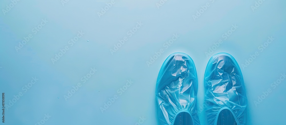 Top view of a pair of medical shoe covers on a light blue backdrop with available space for text or copy space image.
