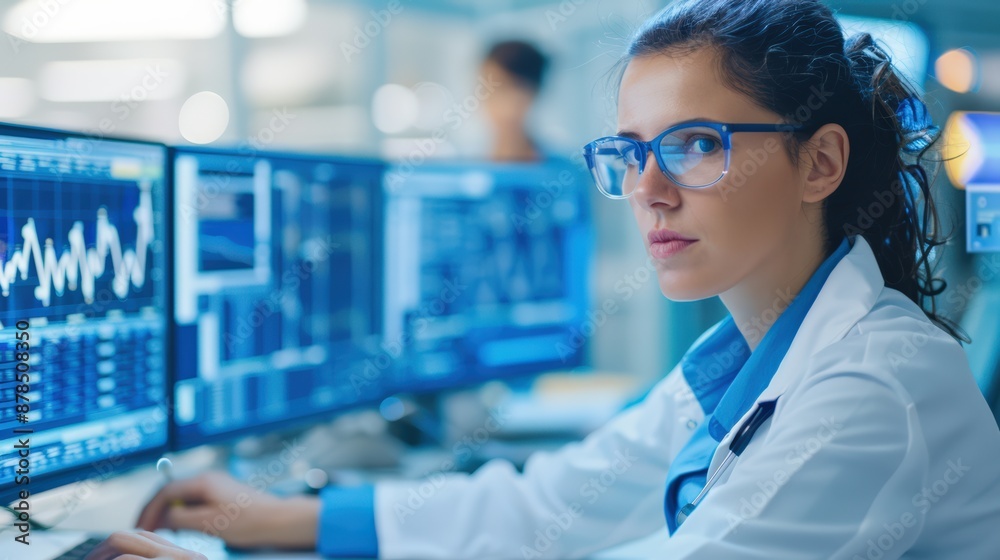 Female scientist analyzing data on multiple computer screens in a laboratory. She focuses on research and technology, illustrating modern science. Female scientist analyzing data on multiple computer screens in a laboratory. She focuses on research and technology, illustrating modern science.
