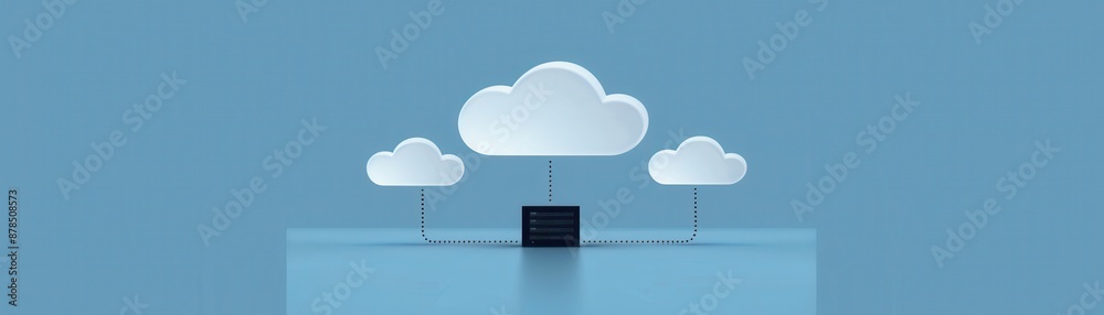 Cloud computing concept with three stylized clouds and server on a blue background, representing data storage and network technology. Cloud computing concept with three stylized clouds and server on a blue background, representing data storage and network technology.
