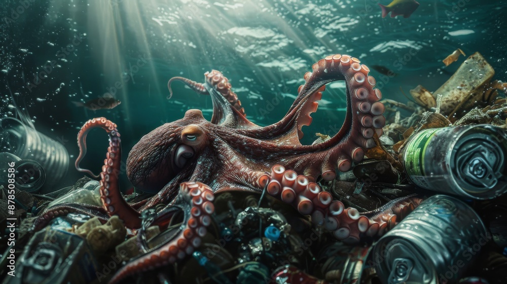 Giant pacific octopus is swimming through a polluted ocean garbage patch filled with plastic, metal, and other debris. Light rays are shining down on the scene Giant pacific octopus is swimming through a polluted ocean garbage patch filled with plastic, metal, and other debris. Light rays are shining down on the scene