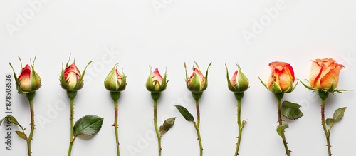 Rose buds blossoming gradually from small to large, arranged in a row on a white background, symbolizing development and growth with a copy space image included.