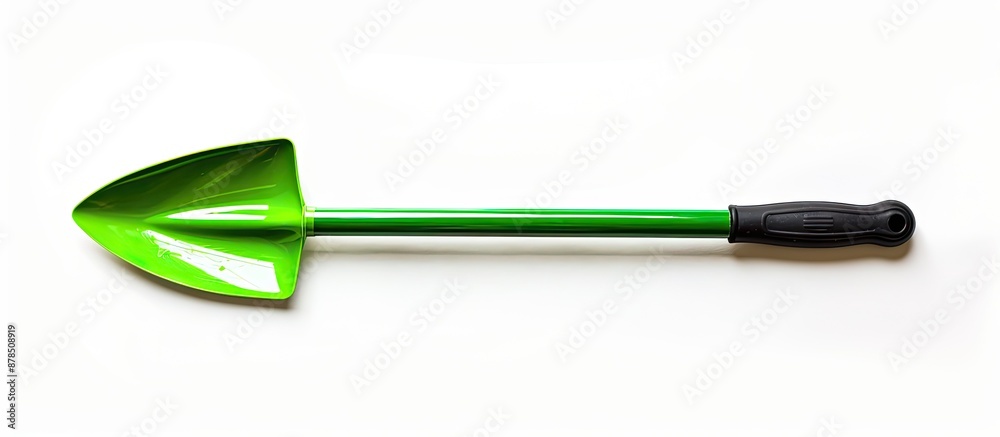 Fototapeta premium On a clear white backdrop, there is a green garden shovel with an area available for additional text or images, known as a copy space image.