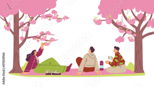Vector illustration of friends celebrating hanami., having a picnic under the Sakura in a park.