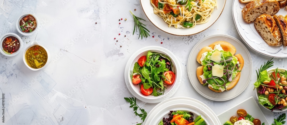 Top view of a collection of dishes on a white background with copy space image Top view of a collection of dishes on a white background with copy space image