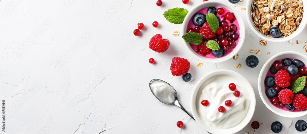White background with bowls containing yogurt and berries, accompanied by a spoon, providing ample copy space image. White background with bowls containing yogurt and berries, accompanied by a spoon, providing ample copy space image.