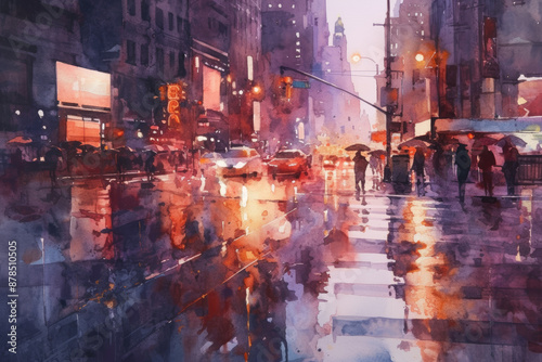 Rainy City Street with Umbrellas and Traffic in Watercolor Style at Dusk © inspiring 