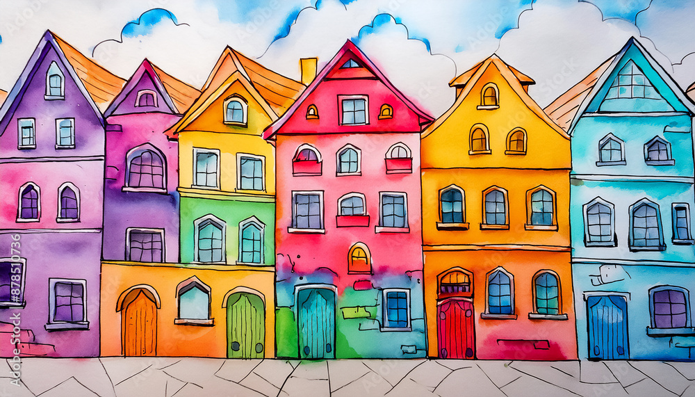 Fototapeta premium Small town with cheerful houses, watercolor painting