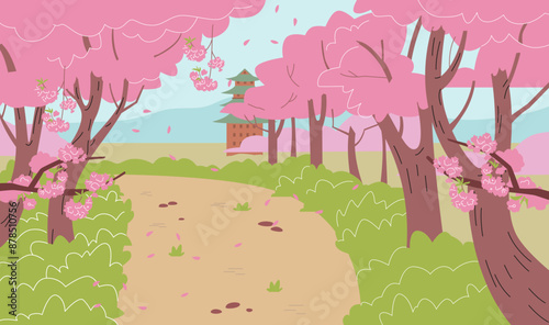 Japanese garden with cherry blossoms. Vector illustration.