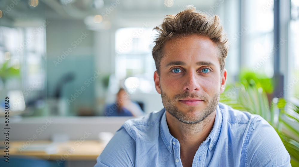Naklejka premium A young man with blue eyes looks directly at the camera while seated in an office