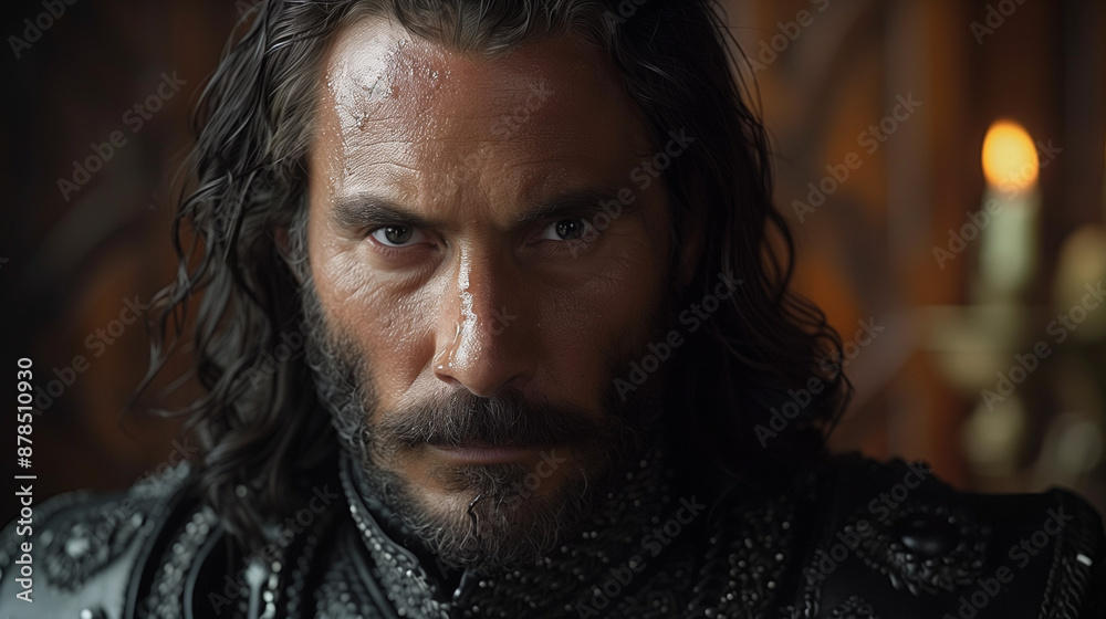 A close-up portrait of a man with long dark hair and a beard, wearing medieval armor. The background is blurred, with a hint of a candle and wooden structure. A close-up portrait of a man with long dark hair and a beard, wearing medieval armor. The background is blurred, with a hint of a candle and wooden structure.