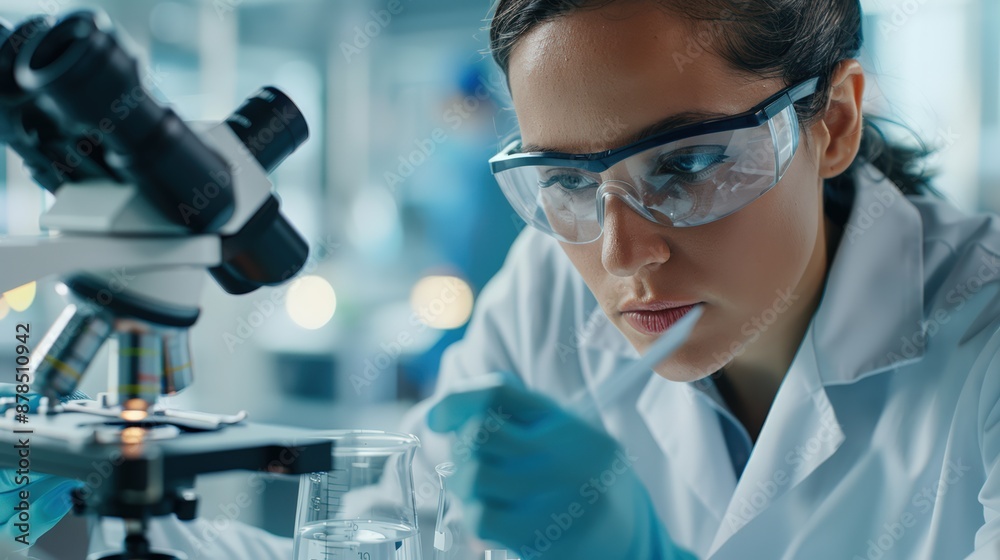 Scientist conducting research in modern laboratory, wearing protective glasses and gloves while using a microscope for detailed analysis. Scientist conducting research in modern laboratory, wearing protective glasses and gloves while using a microscope for detailed analysis.