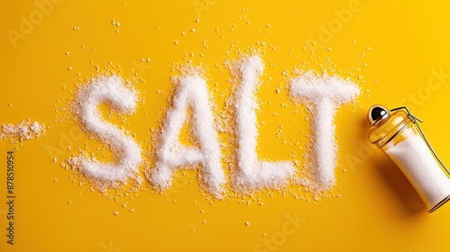 Salt text written with granules on a yellow background alongside a shaker, perfect for culinary and food concept presentations.