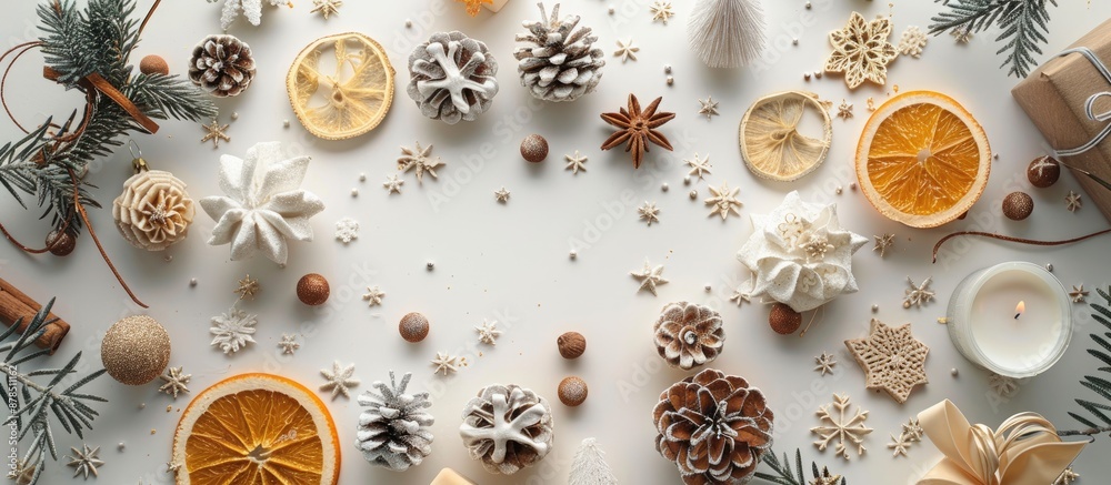 Top view flat lay composition with materials for holiday decoration, featuring a pleasing copy space image. Top view flat lay composition with materials for holiday decoration, featuring a pleasing copy space image.