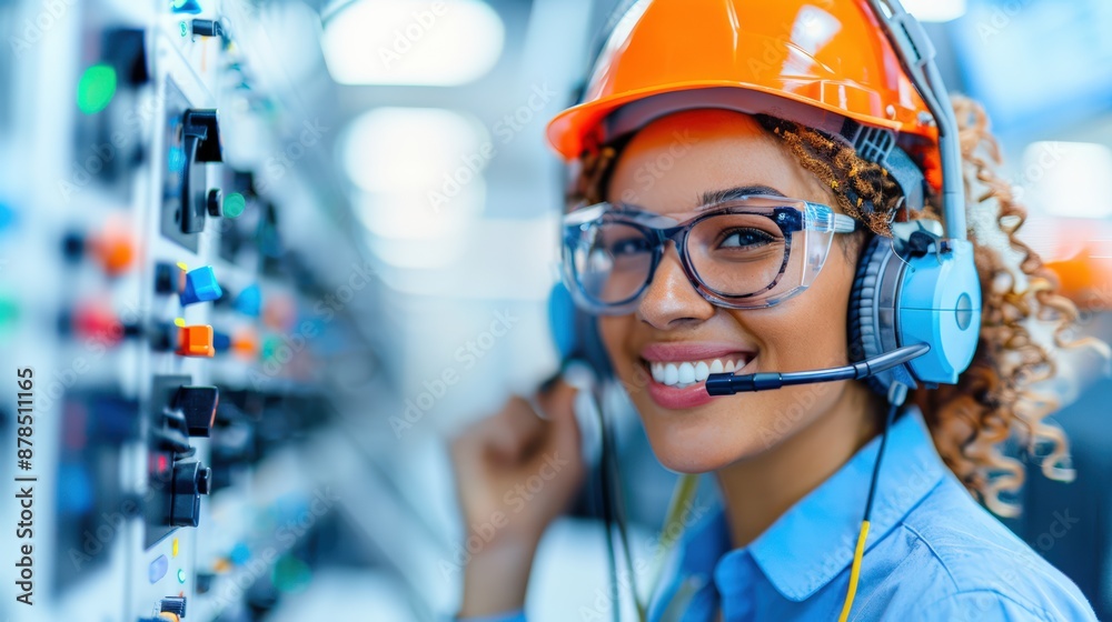 Smiling female engineer with headset and hard hat monitoring equipment in a control room, ensuring operational efficiency and safety. Smiling female engineer with headset and hard hat monitoring equipment in a control room, ensuring operational efficiency and safety.