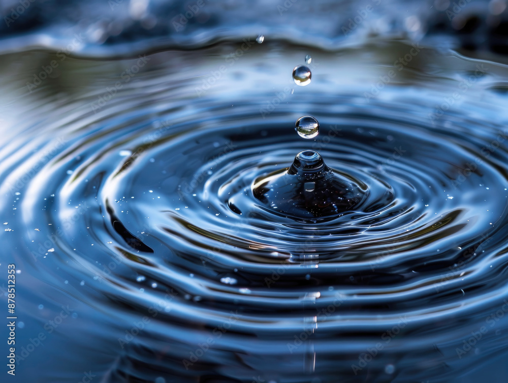 A single water drop creates concentric ripples on a still surface. The ripples are blue and reflect the light. A single water drop creates concentric ripples on a still surface. The ripples are blue and reflect the light.