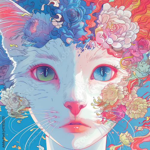 A white cat with vibrant blue and green eyes surrounded by colorful flowers and swirling patterns.