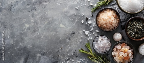 Variety of salts on gray concrete backdrop including sea salts, black and pink Himalayan options, rosemary, and Dead Sea crystal balls, with space for additional images. photo