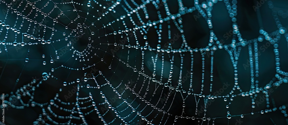 Spiderweb covered in water droplets against a dark backdrop with copy space image. Spiderweb covered in water droplets against a dark backdrop with copy space image.