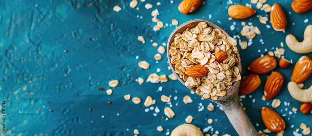 Spoon holding oat flakes, almonds, and cashews on colorful backdrop with copy space image for text, illustrating sweet snack with dietary and vegetarian implications. Spoon holding oat flakes, almonds, and cashews on colorful backdrop with copy space image for text, illustrating sweet snack with dietary and vegetarian implications.